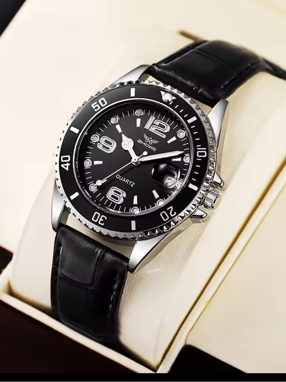 Black Dial Leather Strap Quartz Watch